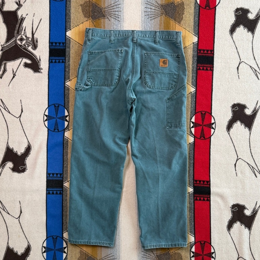 Carhartt Mens Teal Blue Canvas Carpenter Pants Relaxed Fit Workwear 36x30